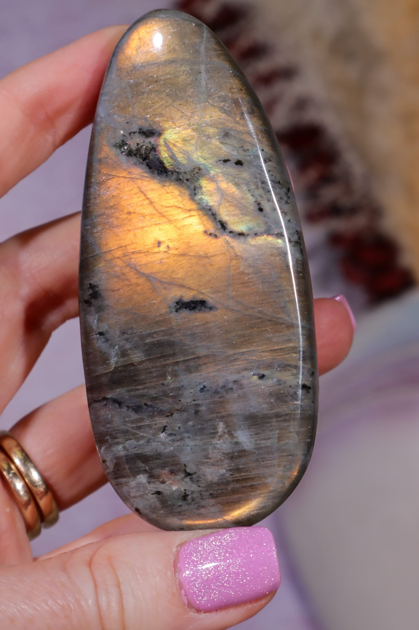 Labradorite Palm Stone | Gua Sha & Meditation Tool | Gold Flash Palm Stone Tali and Loz