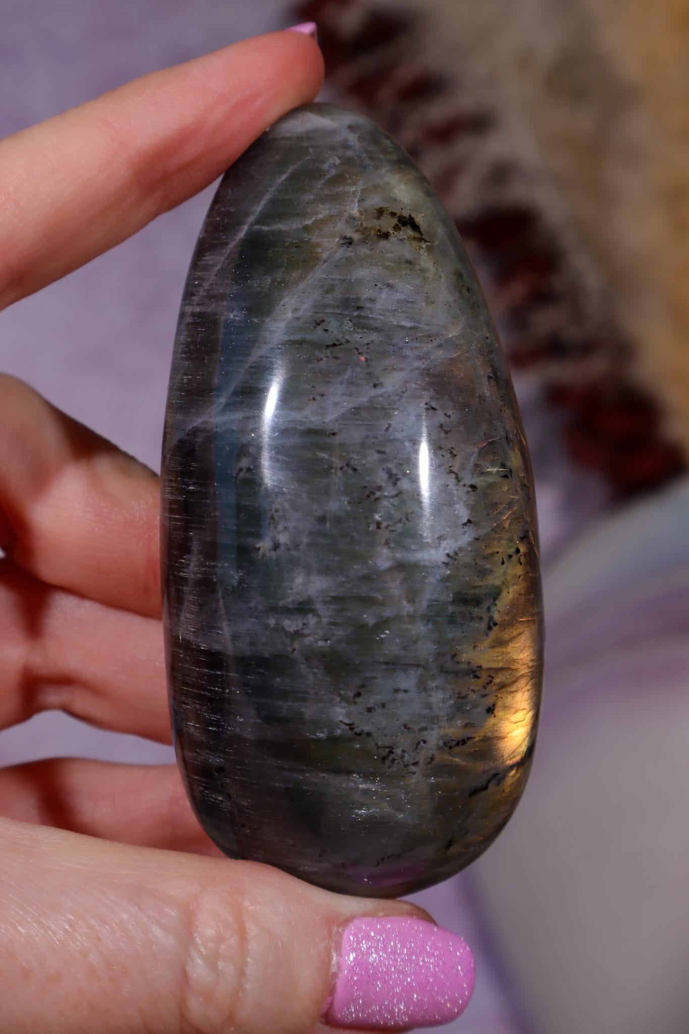 Labradorite Palm Stone | Gua Sha & Meditation Tool | Gold Flash Palm Stone Tali and Loz