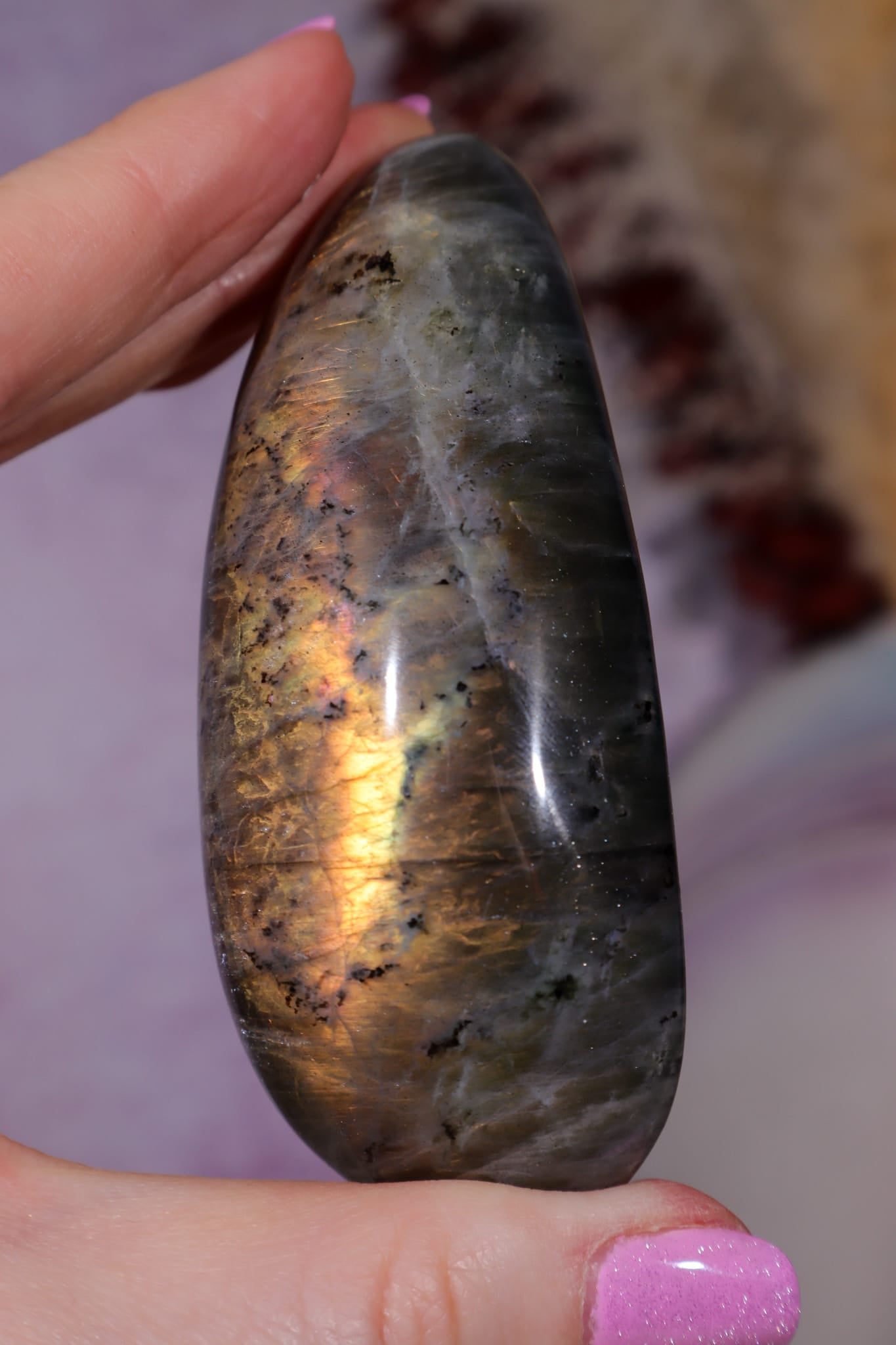 Labradorite Palm Stone | Gua Sha & Meditation Tool | Gold Flash Palm Stone Tali and Loz