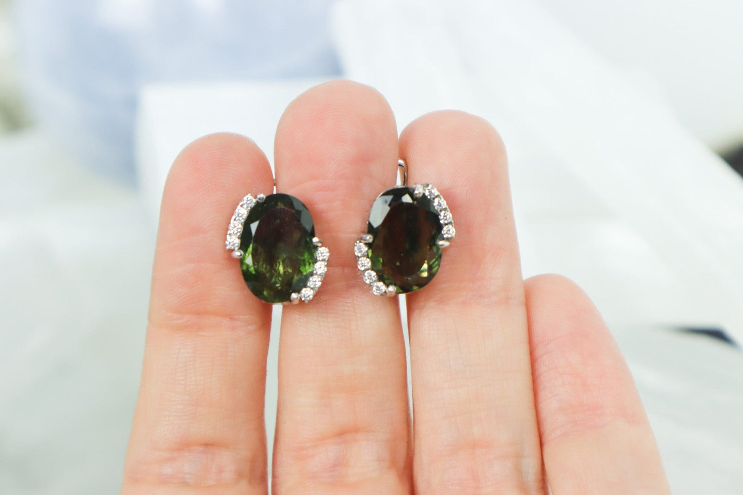 Moldavite Earrings 'Halo' - The Stone of Transformation Earrings Cubic Zirconia Tali & Loz