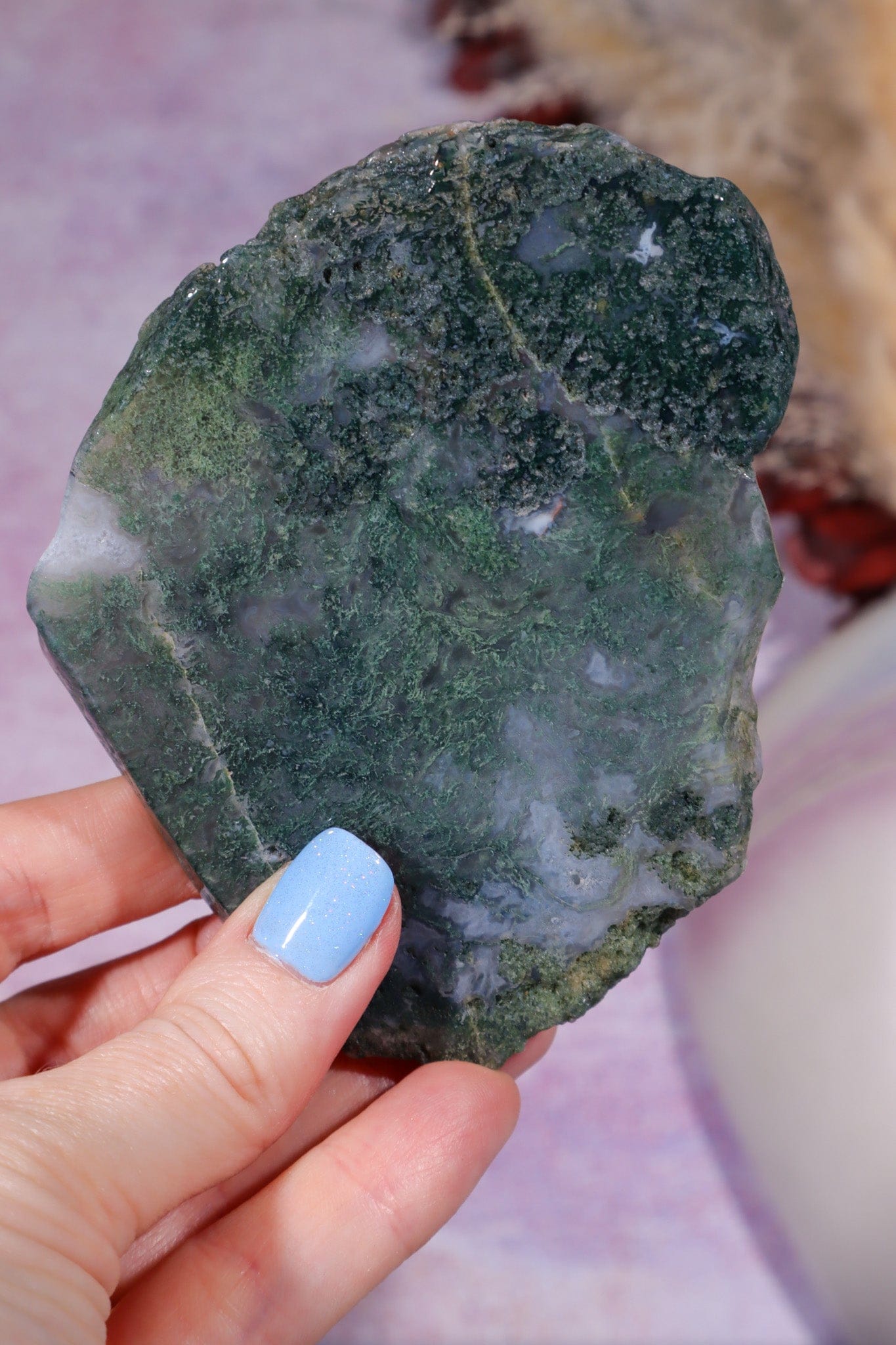 Moss Agate Slices Medium 9-10cm, Intuitively Chosen Towers Tali & Loz Crystals
