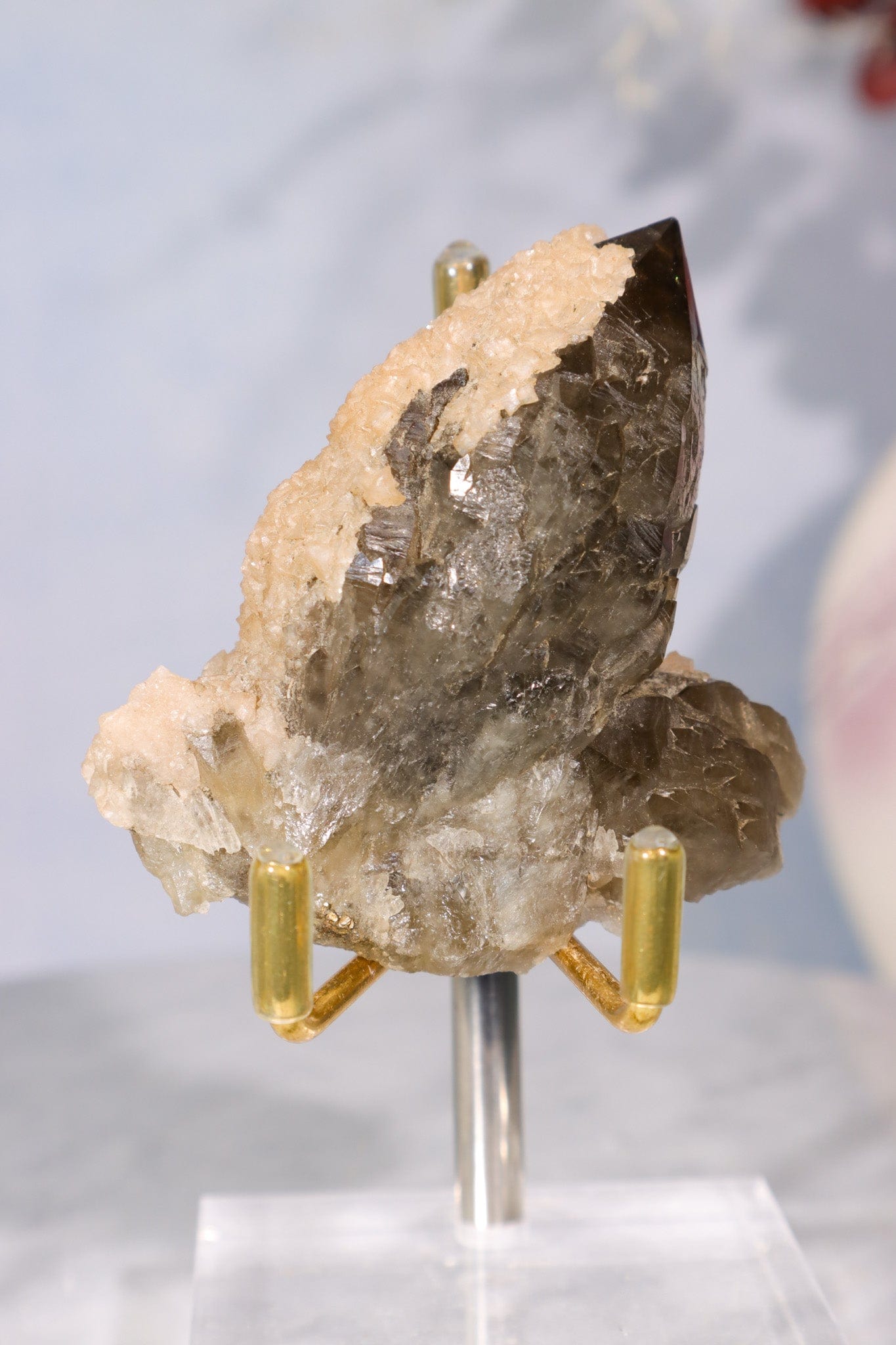 Natural Elestial Smokey Quartz Point With Calcite 6cm Points Tali & Loz Crystals
