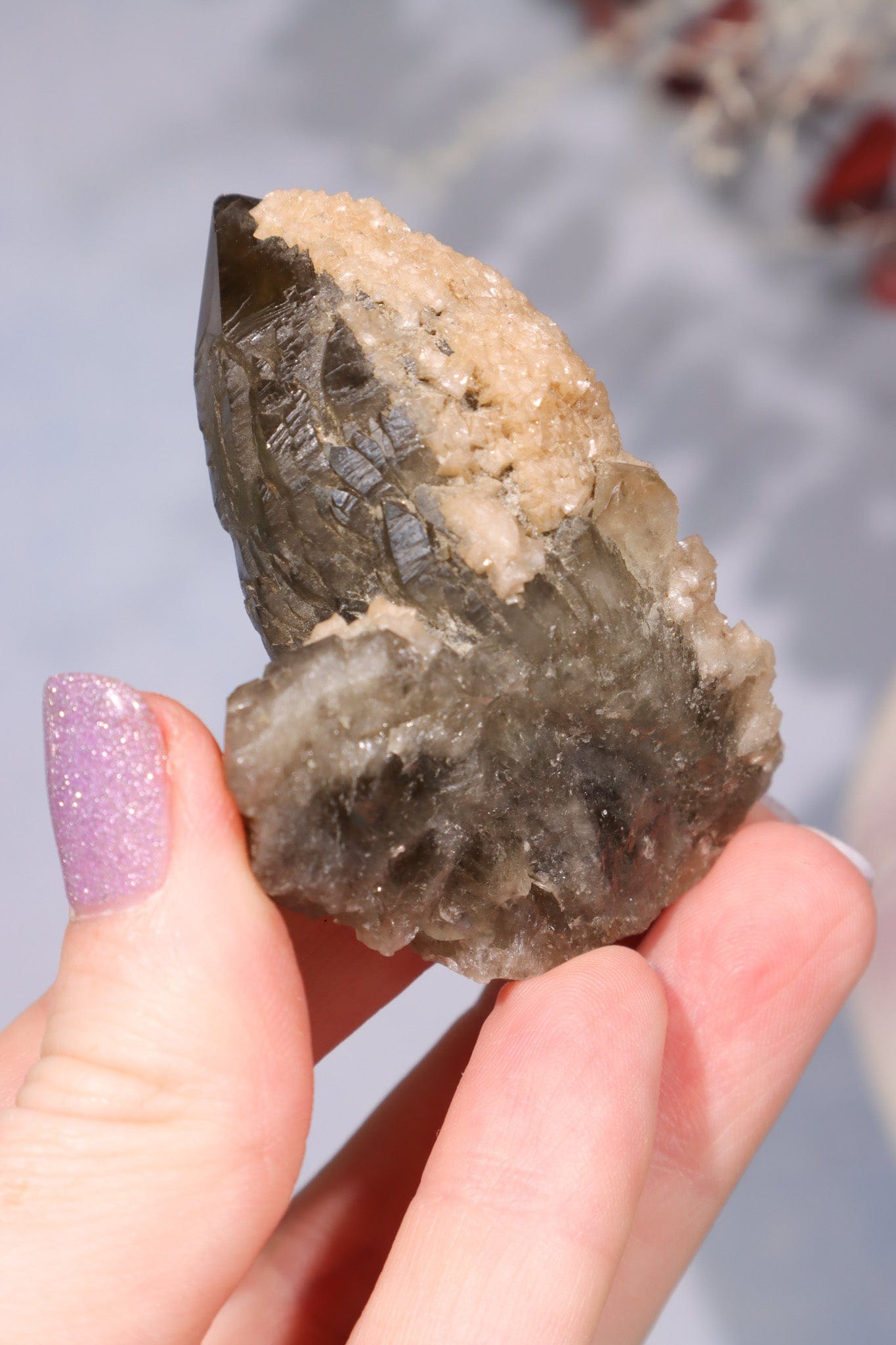 Natural Elestial Smokey Quartz Point With Calcite 6cm Points Tali & Loz Crystals