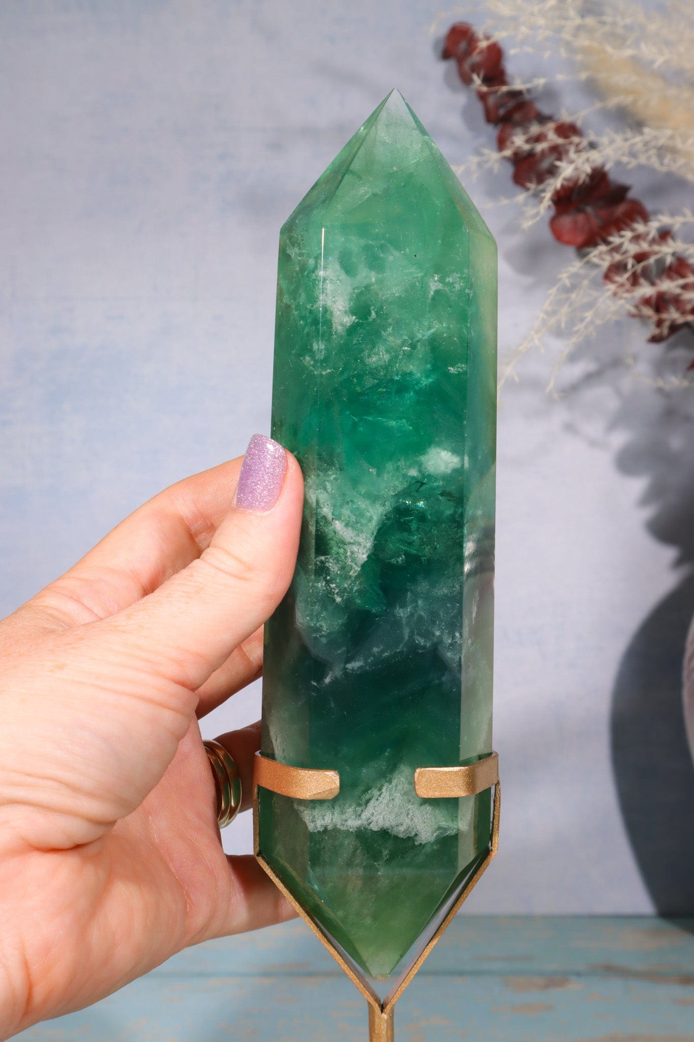 OUTLET Green Fluorite Double Terminated Wand With Stand, 0.81KG Towers Tali & Loz Crystals