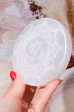 OUTLET Selenite Om Charging Plate 10cm (Small Imperfections) | Intuitively Chosen Plate Tali & Loz Crystals
