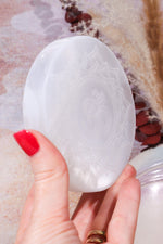 OUTLET Selenite Om Charging Plate 10cm (Small Imperfections) | Intuitively Chosen Plate Tali & Loz Crystals