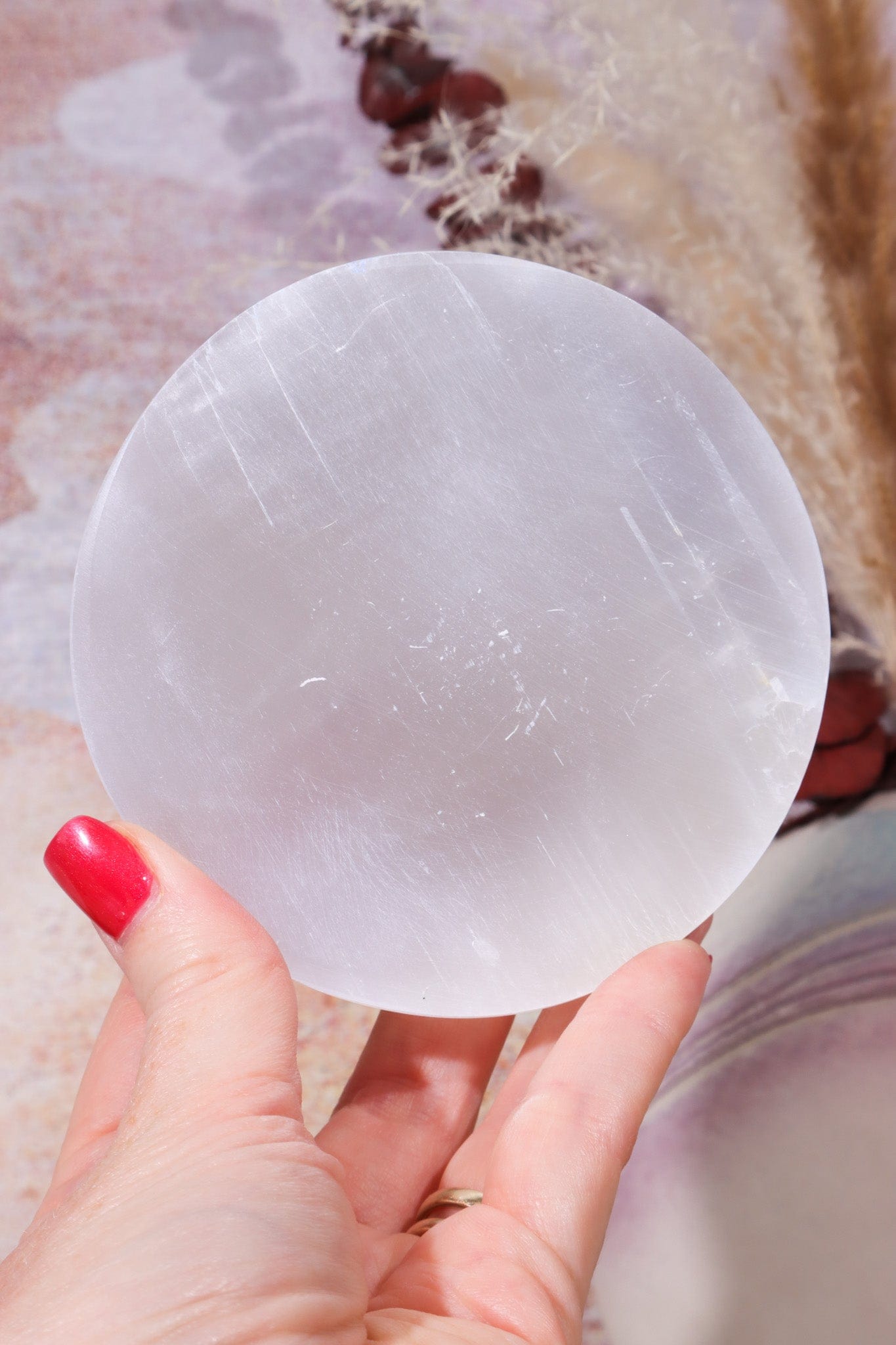 OUTLET Selenite Om Charging Plate 10cm (Small Imperfections) | Intuitively Chosen Plate Tali & Loz Crystals