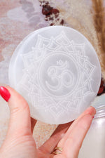 OUTLET Selenite Om Charging Plate 10cm (Small Imperfections) | Intuitively Chosen Plate Tali & Loz Crystals