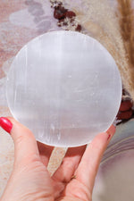 OUTLET Selenite Om Charging Plate 10cm (Small Imperfections) | Intuitively Chosen Plate Tali & Loz Crystals