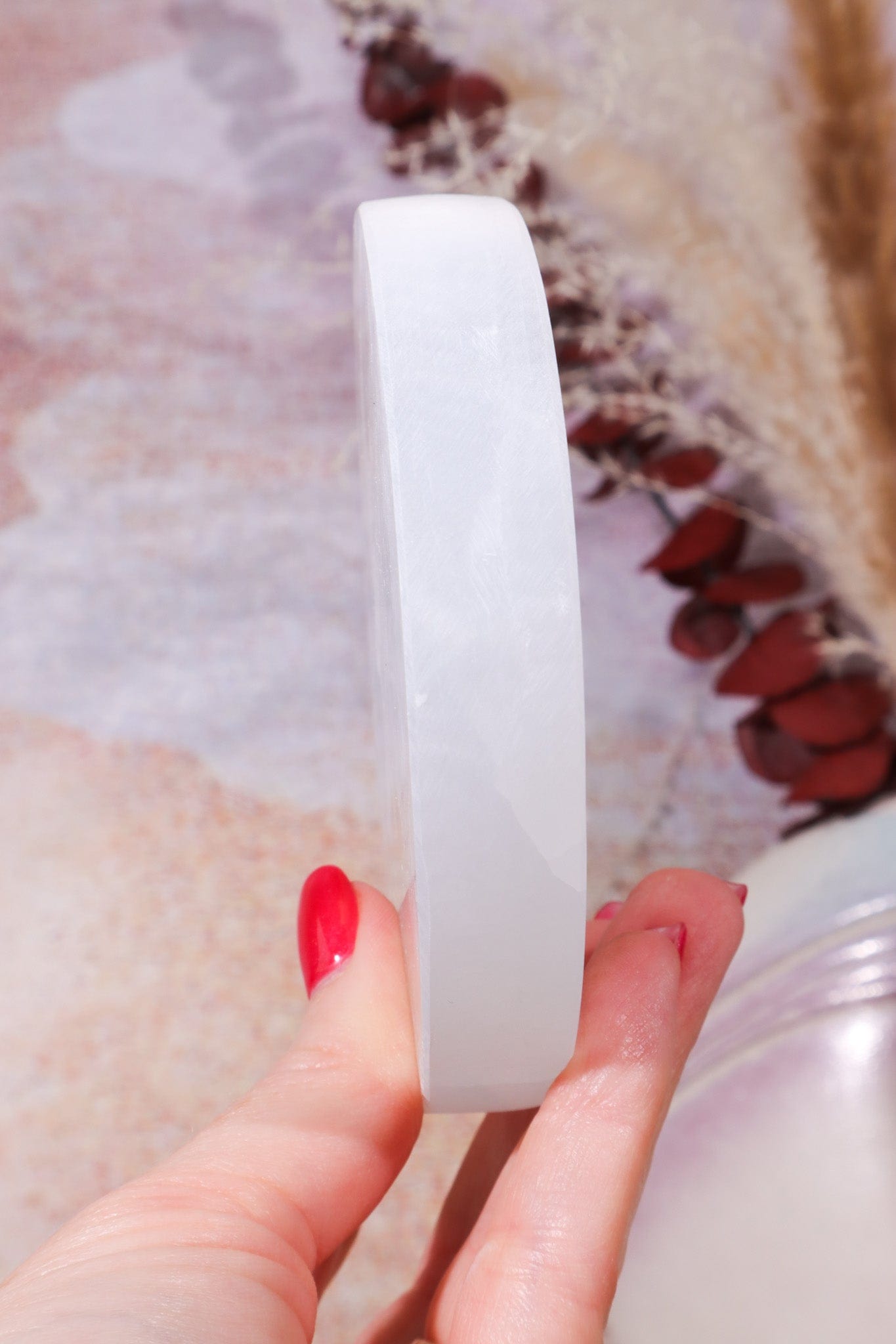 OUTLET Selenite Om Charging Plate 10cm (Small Imperfections) | Intuitively Chosen Plate Tali & Loz Crystals