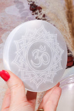OUTLET Selenite Om Charging Plate 10cm (Small Imperfections) | Intuitively Chosen Plate Tali & Loz Crystals