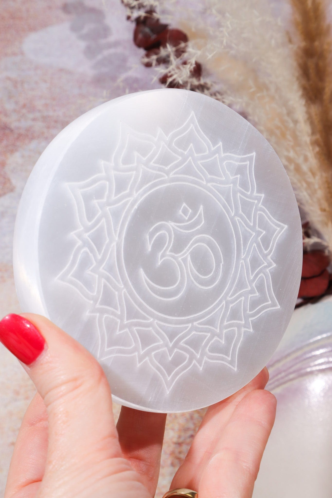 OUTLET Selenite Om Charging Plate 10cm (Small Imperfections) | Intuitively Chosen Plate Tali & Loz Crystals