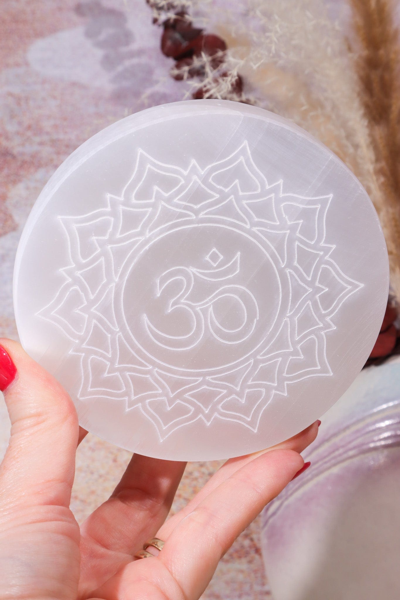OUTLET Selenite Om Charging Plate 10cm (Small Imperfections) | Intuitively Chosen Plate Tali & Loz Crystals