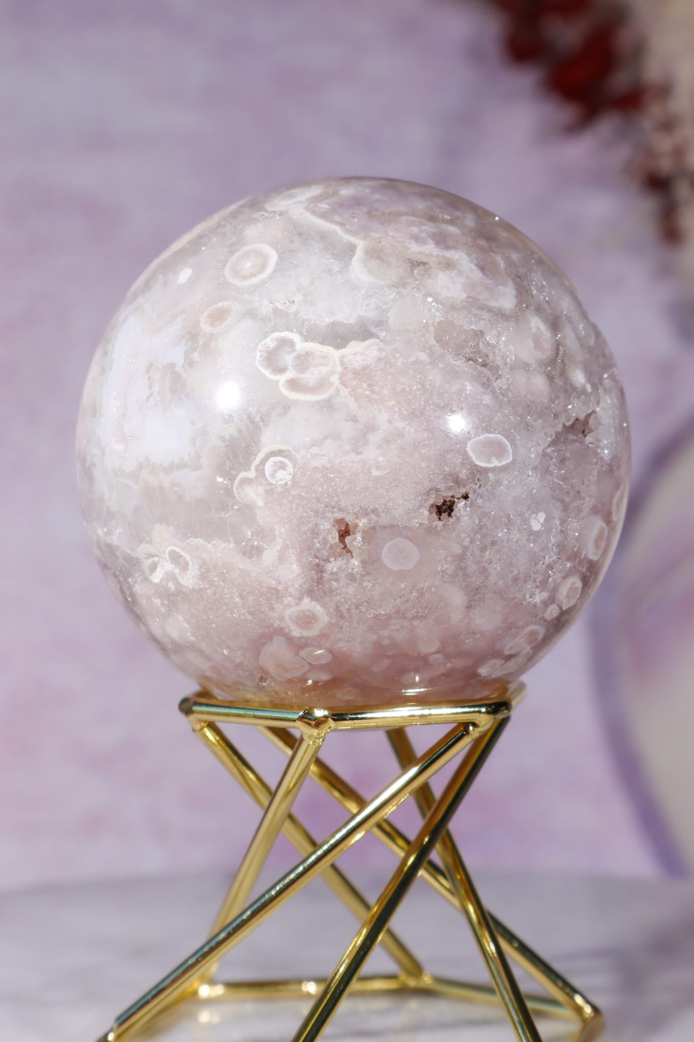 Pink Amethyst with Flower Agate & White Quartz Druzy Sphere 6.2cm spheres Tali & Loz Crystals