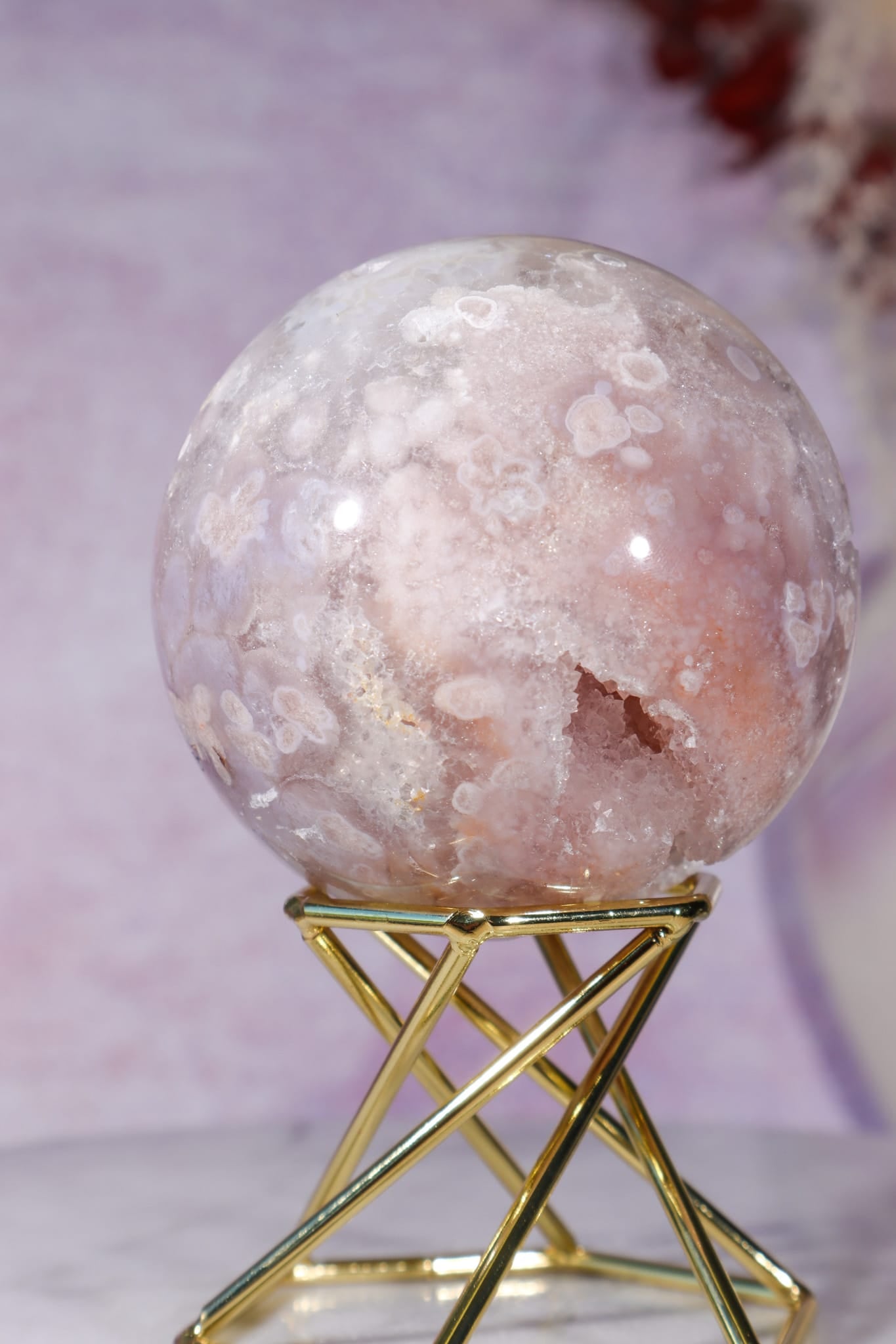Pink Amethyst with Flower Agate & White Quartz Druzy Sphere 6.2cm spheres Tali & Loz Crystals
