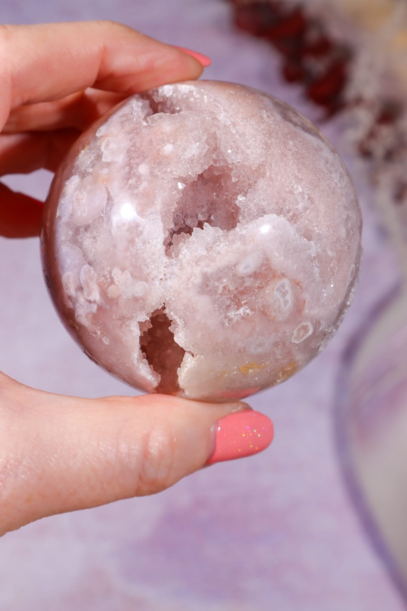 Pink Amethyst with Flower Agate & White Quartz Druzy Sphere 6.2cm spheres Tali & Loz Crystals