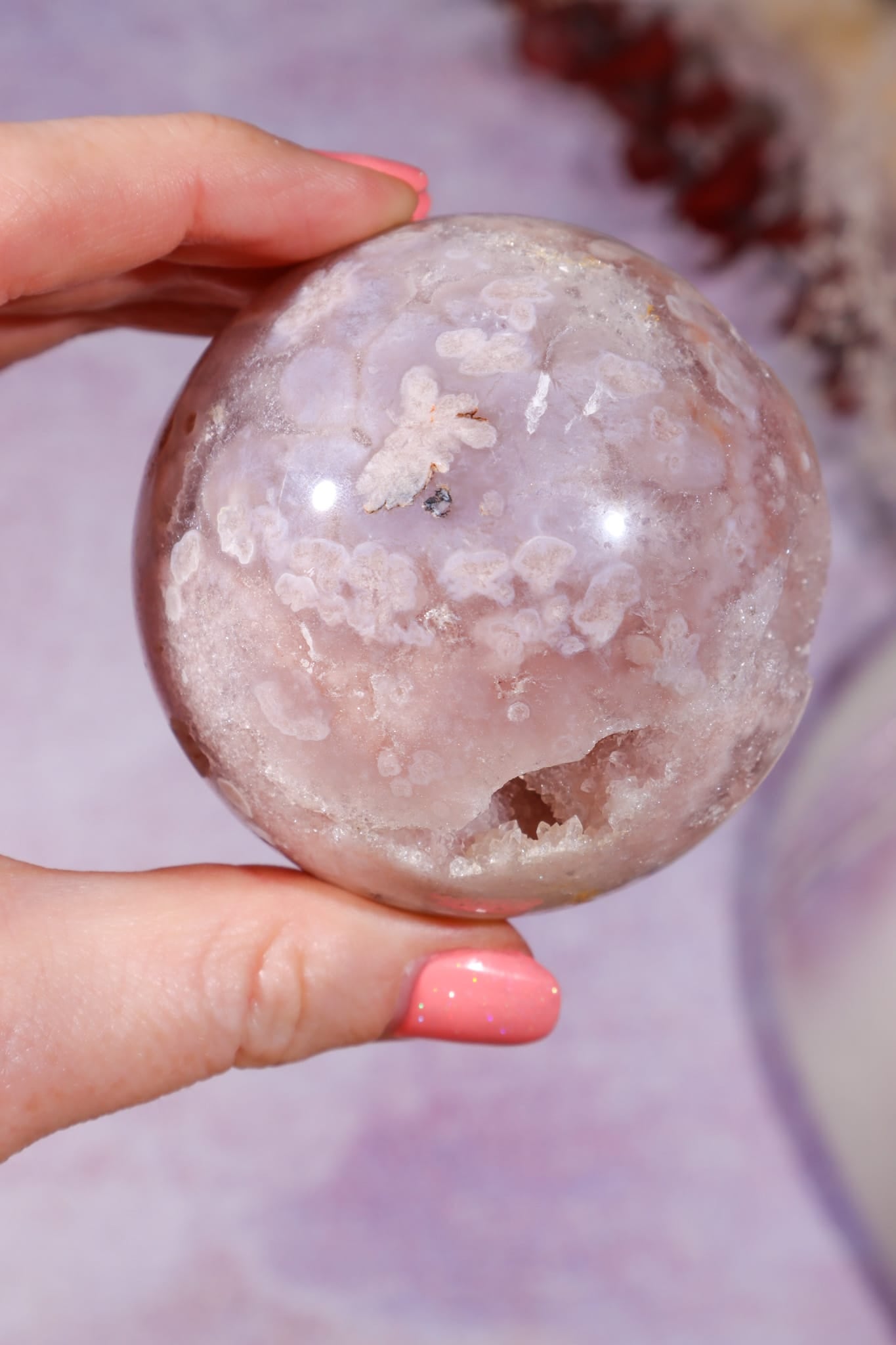 Pink Amethyst with Flower Agate & White Quartz Druzy Sphere 6.2cm spheres Tali & Loz Crystals