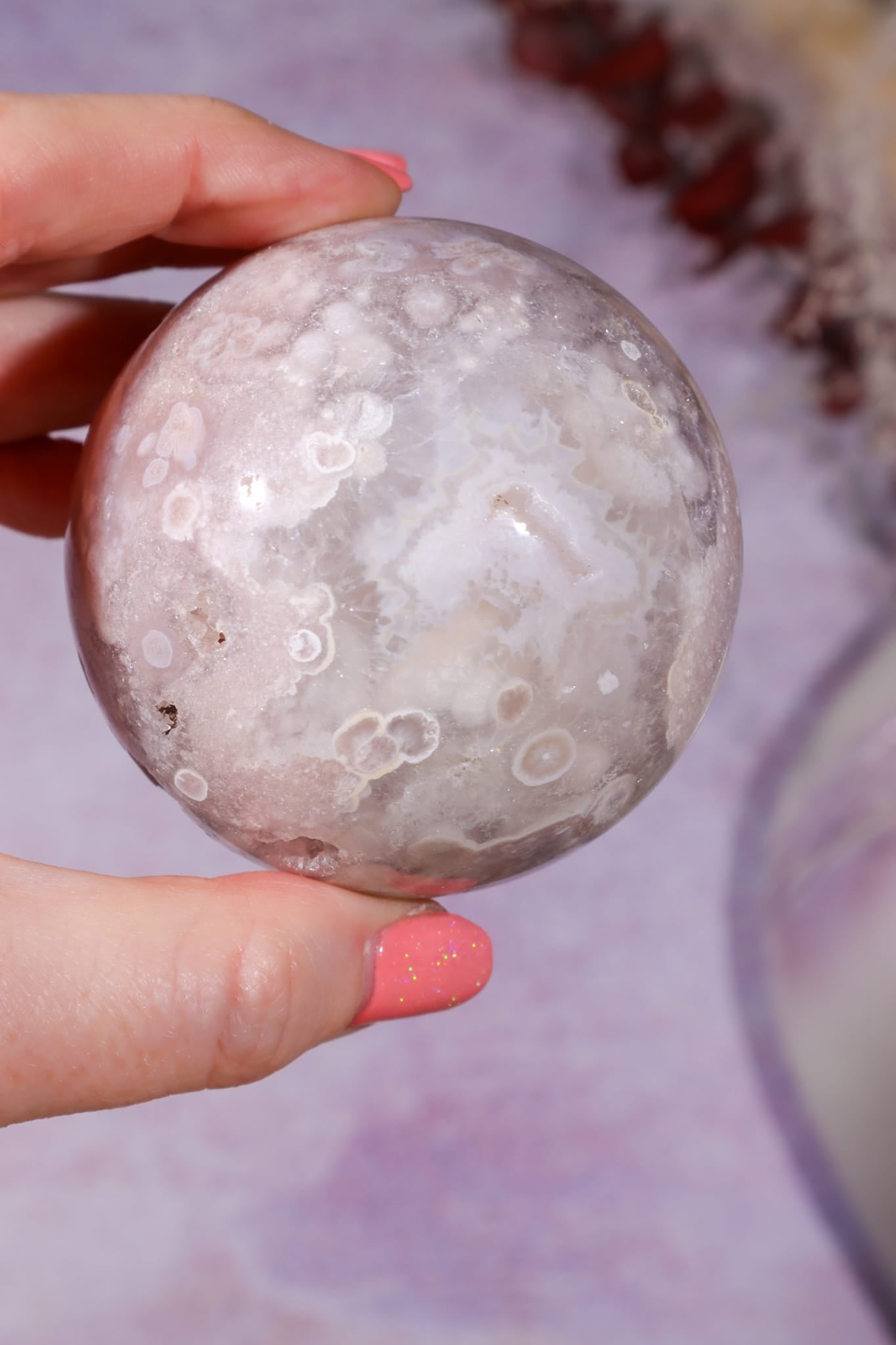 Pink Amethyst with Flower Agate & White Quartz Druzy Sphere 6.2cm spheres Tali & Loz Crystals