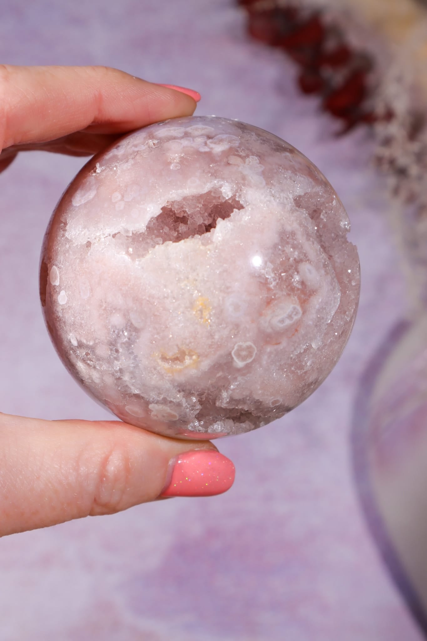 Pink Amethyst with Flower Agate & White Quartz Druzy Sphere 6.2cm spheres Tali & Loz Crystals