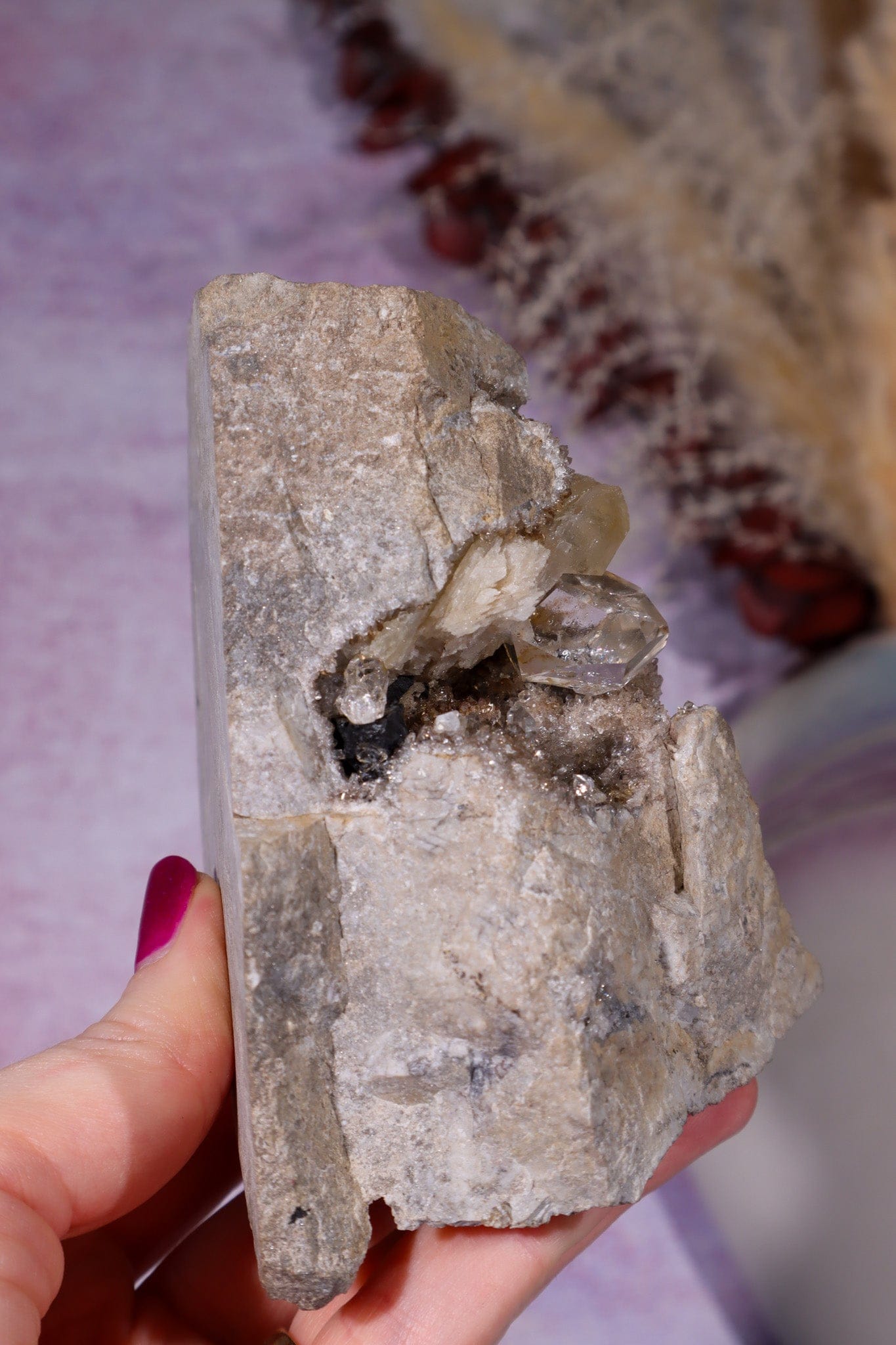 Rare Herkimer Diamond Specimen 0.6KG with Quartz, Calcite and Bitumen, New York, USA Rocks & Fossils Tali & Loz