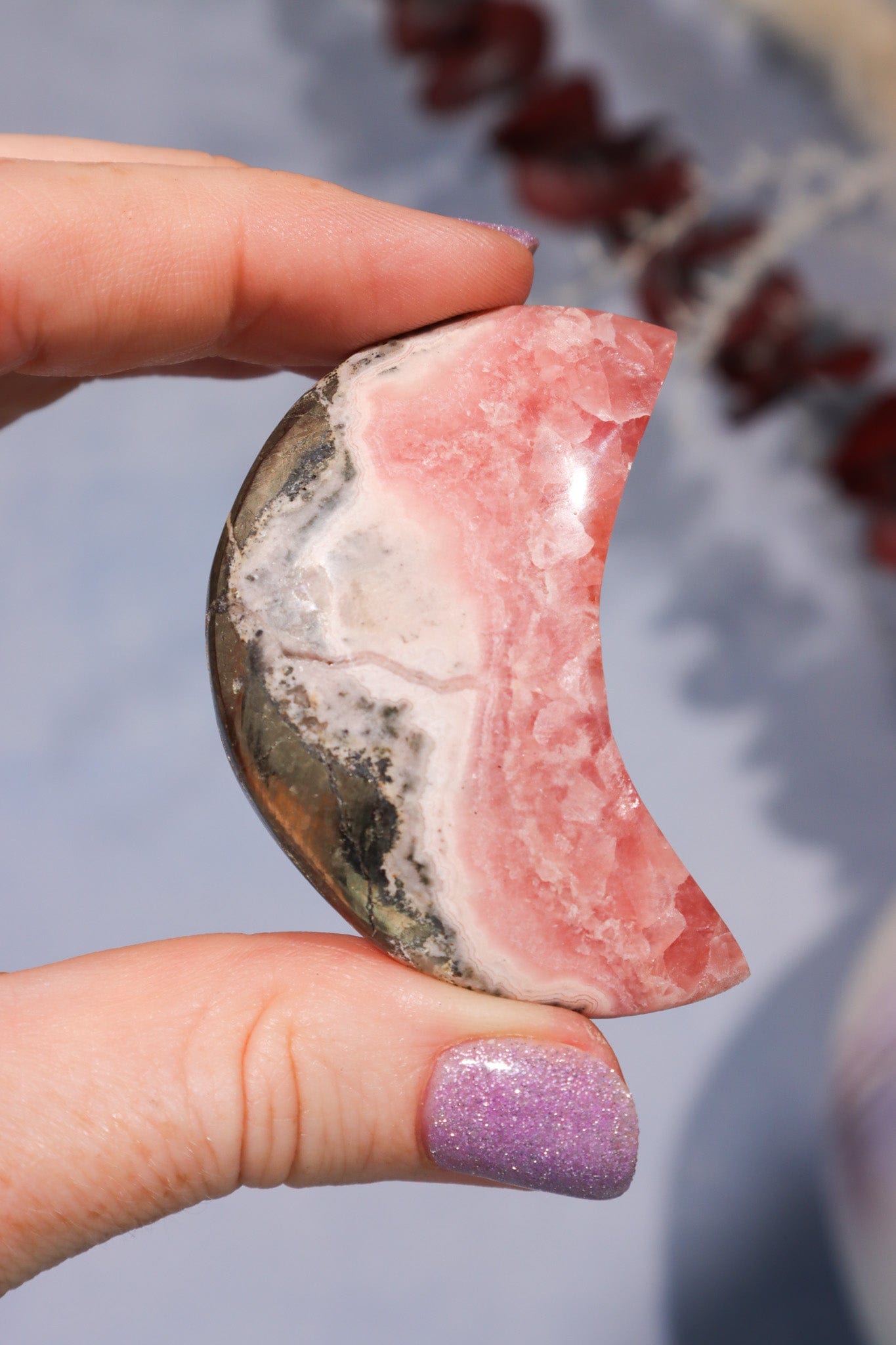 Rhodochrosite Moon With Hematite 45.9gr Moons Tali & Loz Crystals