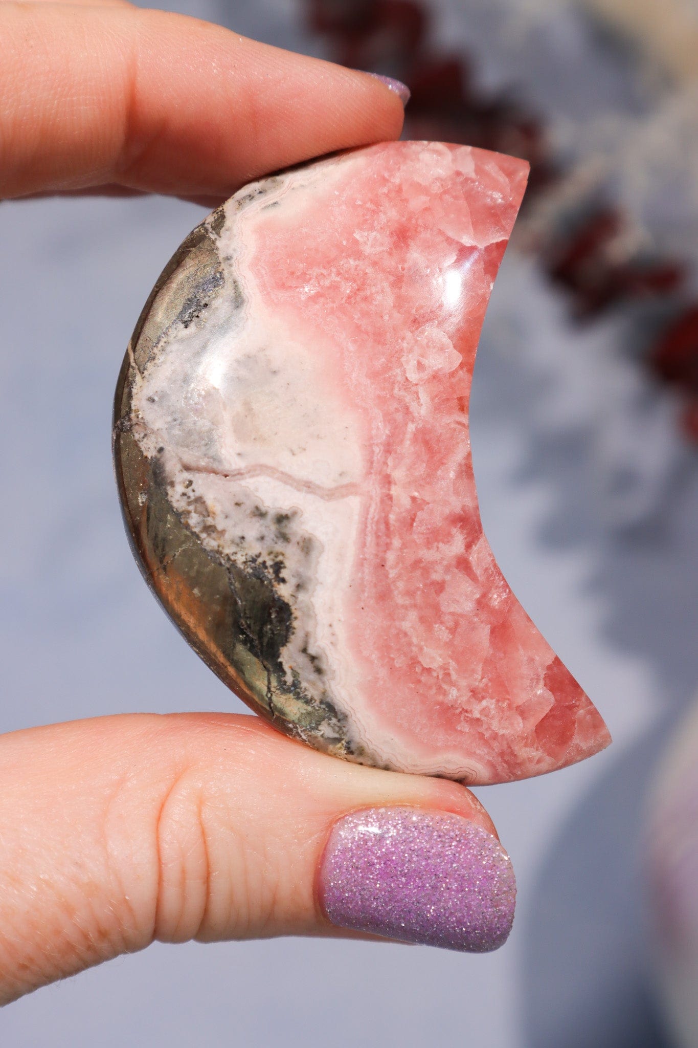 Rhodochrosite Moon With Hematite 45.9gr Moons Tali & Loz Crystals