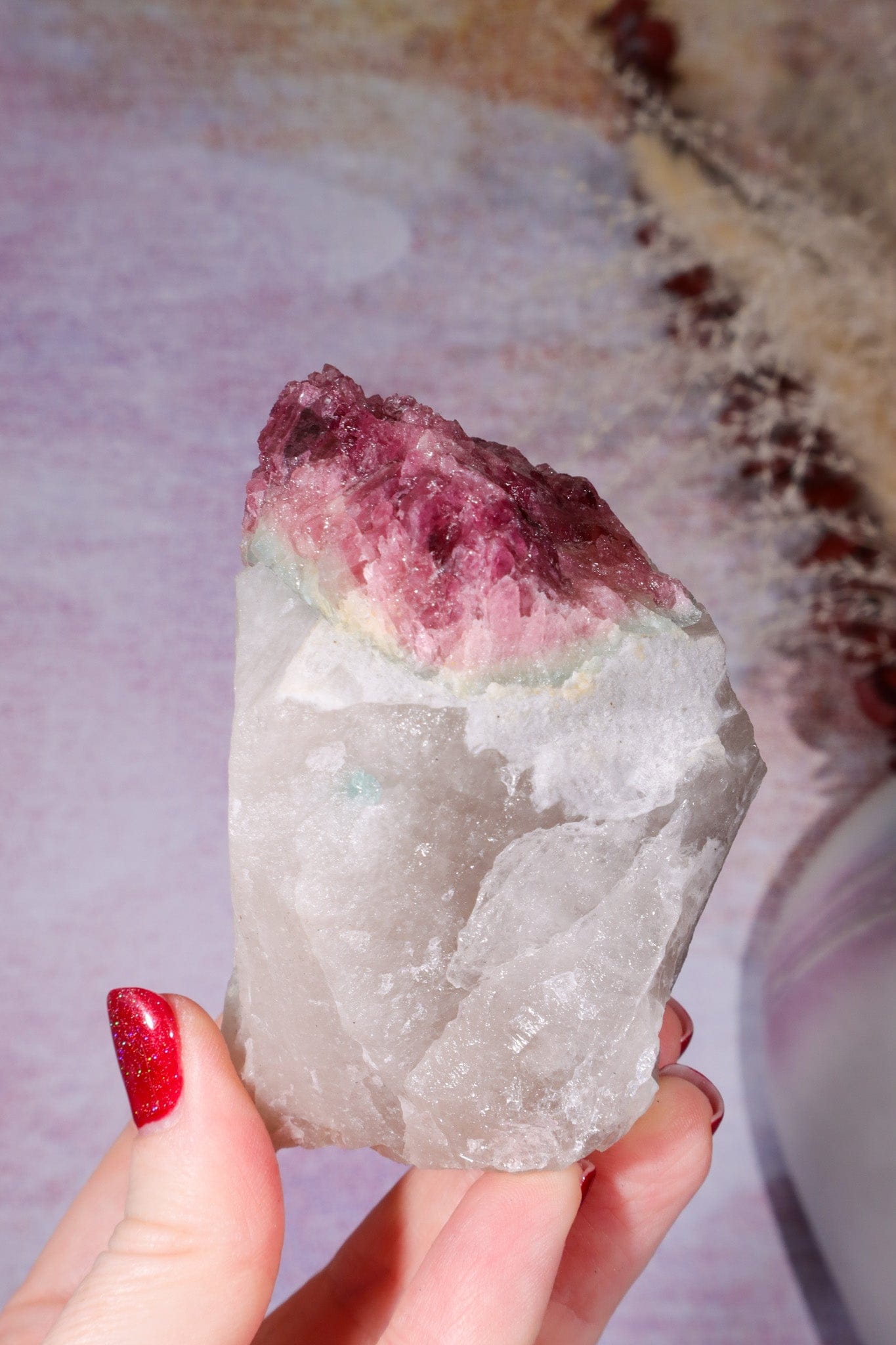 Rubellite Tourmaline in Quartz Specimen on stand 14cm, Brazil Rough Crystals Tali & Loz Crystals