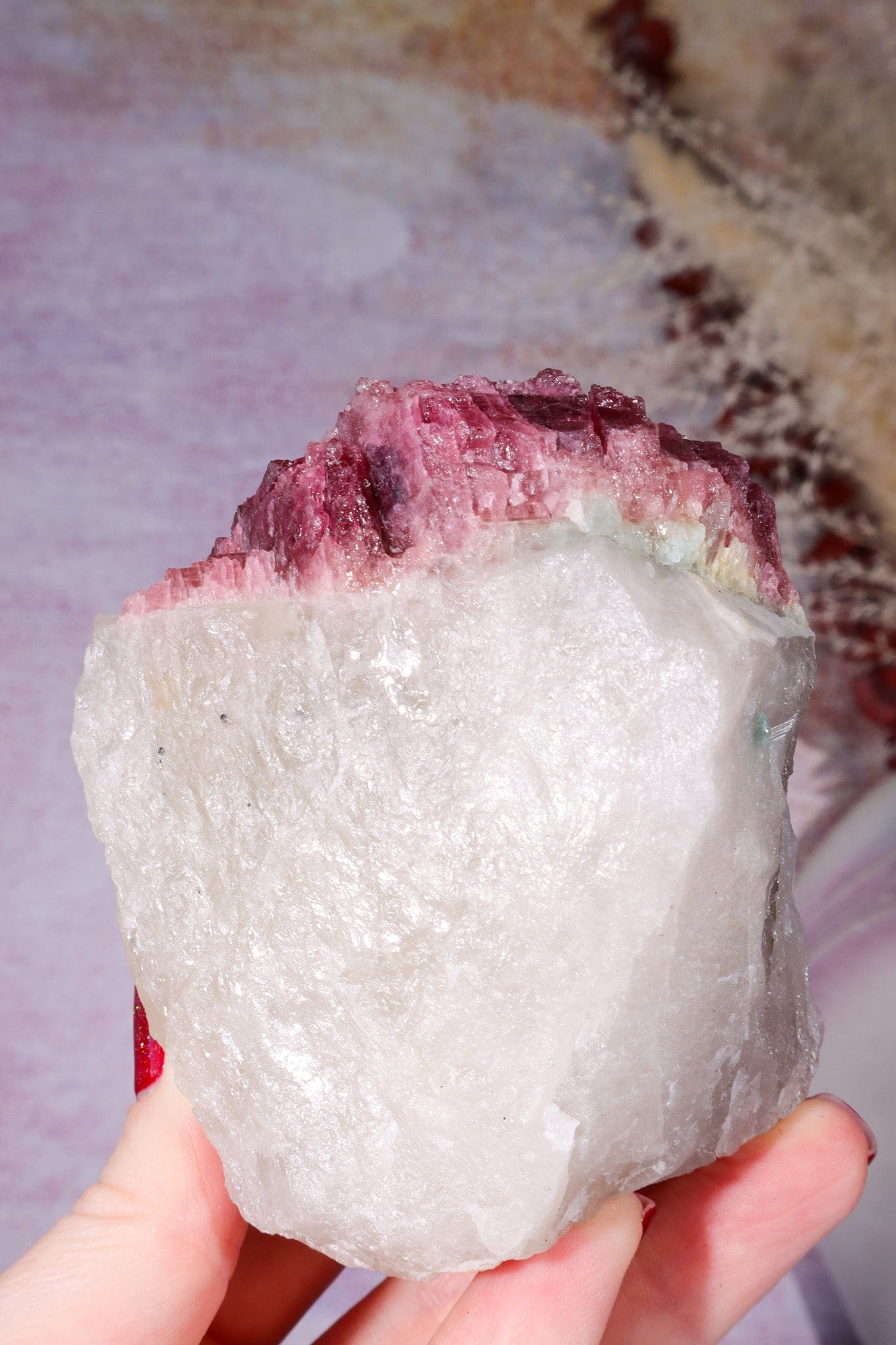 Rubellite Tourmaline in Quartz Specimen on stand 14cm, Brazil Rough Crystals Tali & Loz Crystals