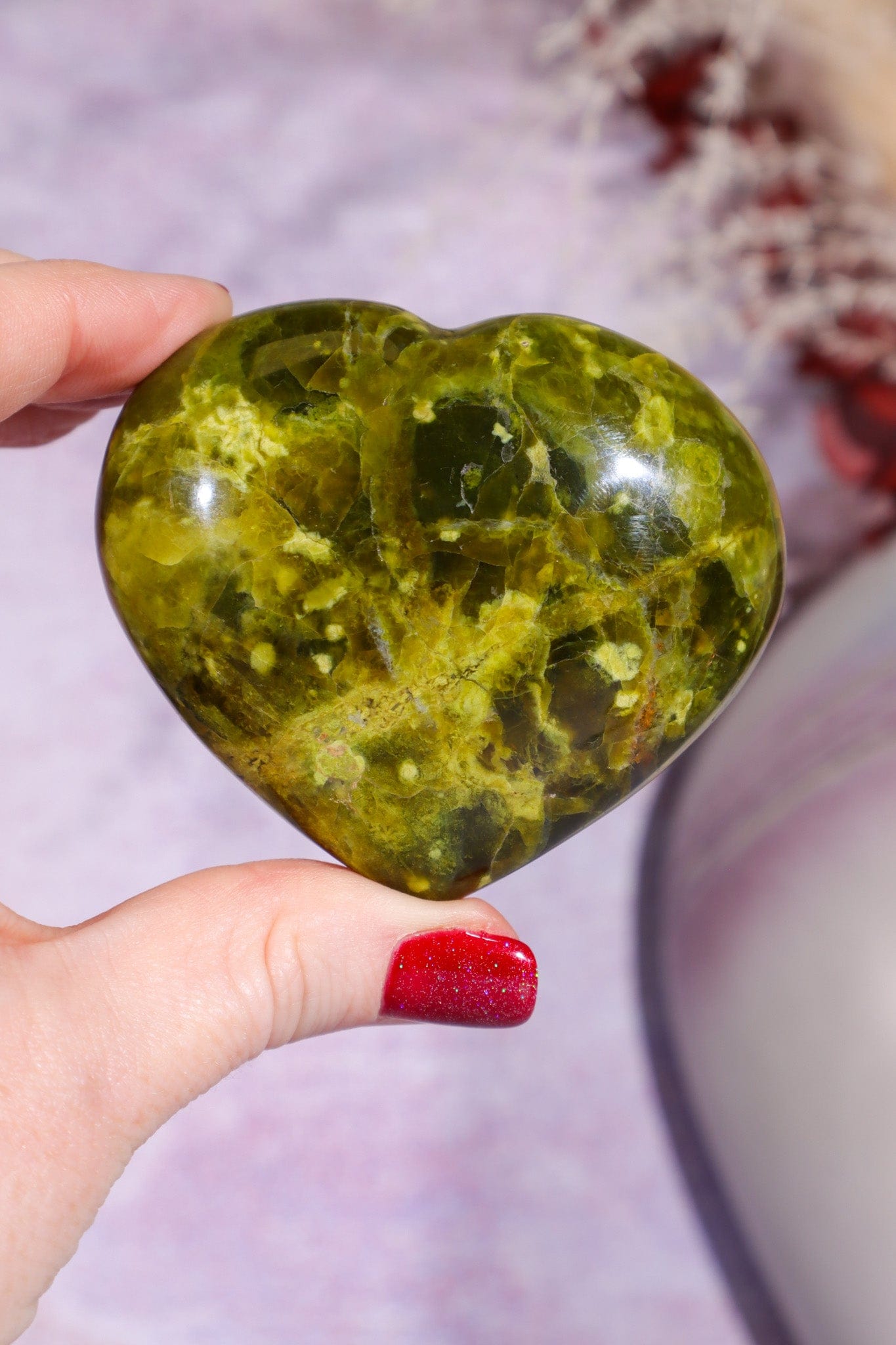 Serpentine Heart Carving 5.5cm, Madagascar Hearts Tali & Loz Crystals