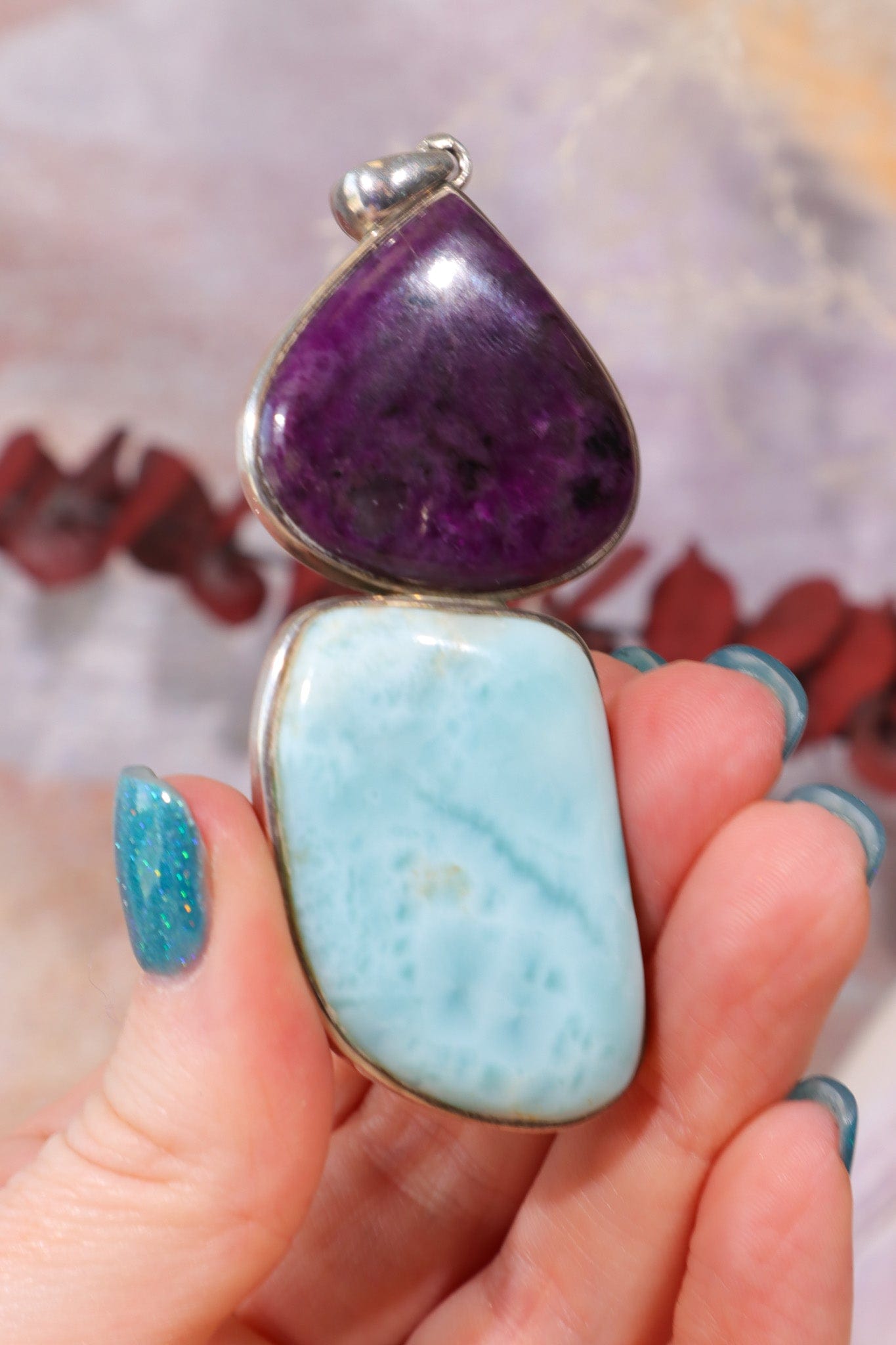 Sugilite and Larimar Pendant, Sold As Seen Pendants Tali & Loz Crystals