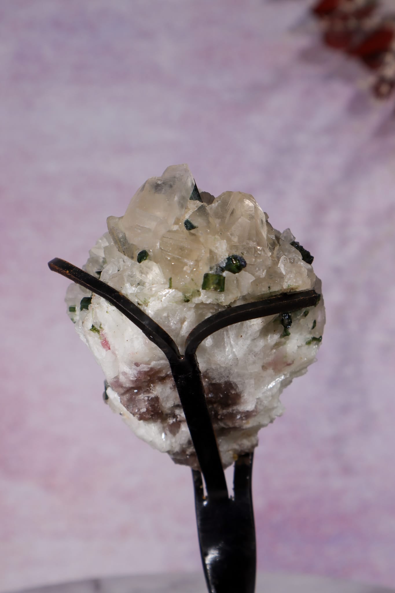 Watermelon Tourmaline and Cleavelandite in Smokey Quartz on Stand 13cm, Brazil Specimen Tali & Loz Crystals
