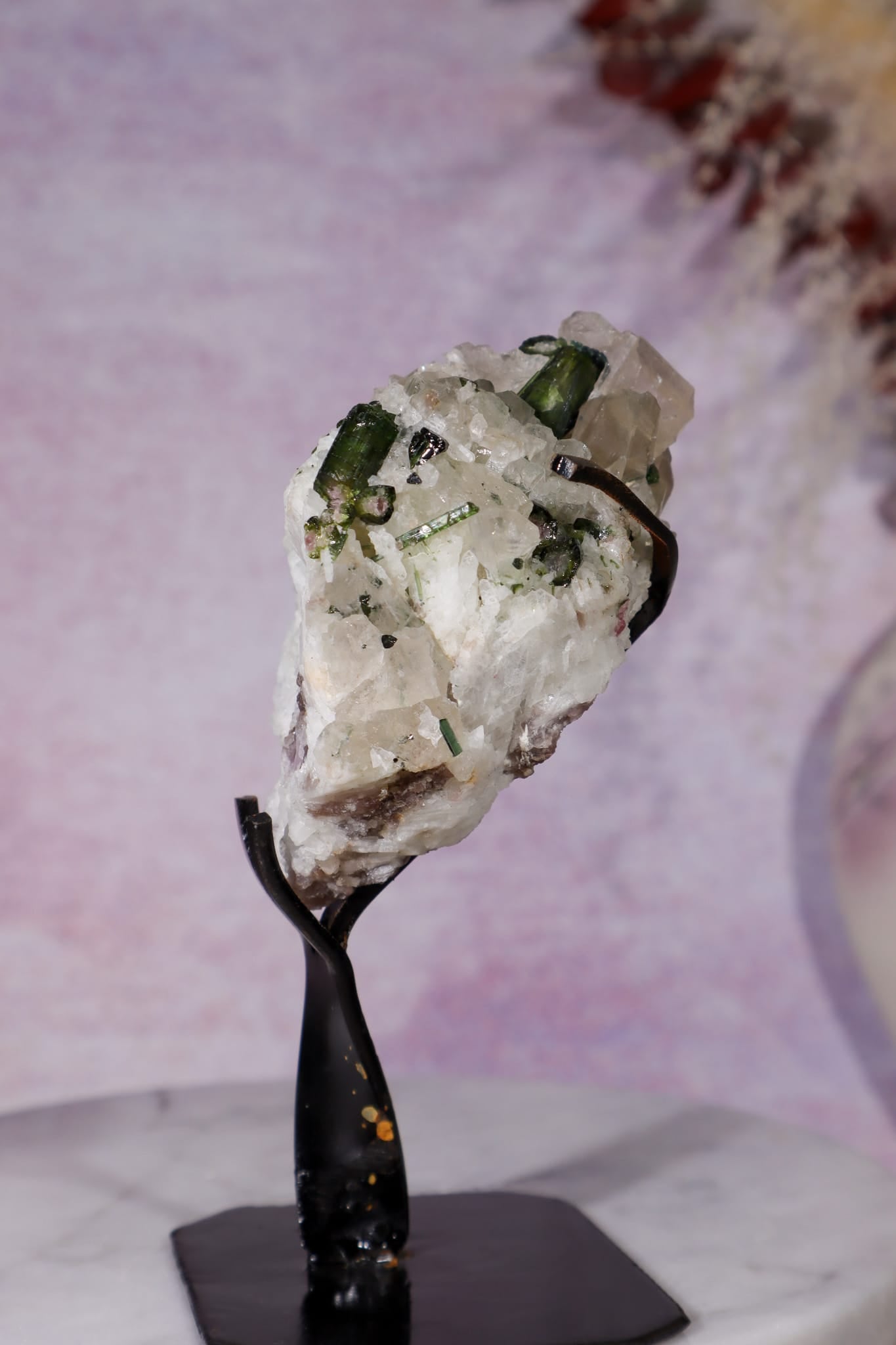 Watermelon Tourmaline and Cleavelandite in Smokey Quartz on Stand 13cm, Brazil Specimen Tali & Loz Crystals