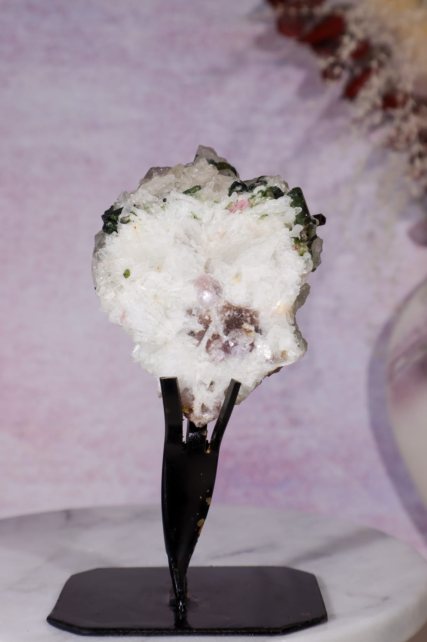 Watermelon Tourmaline and Cleavelandite in Smokey Quartz on Stand 13cm, Brazil Specimen Tali & Loz Crystals