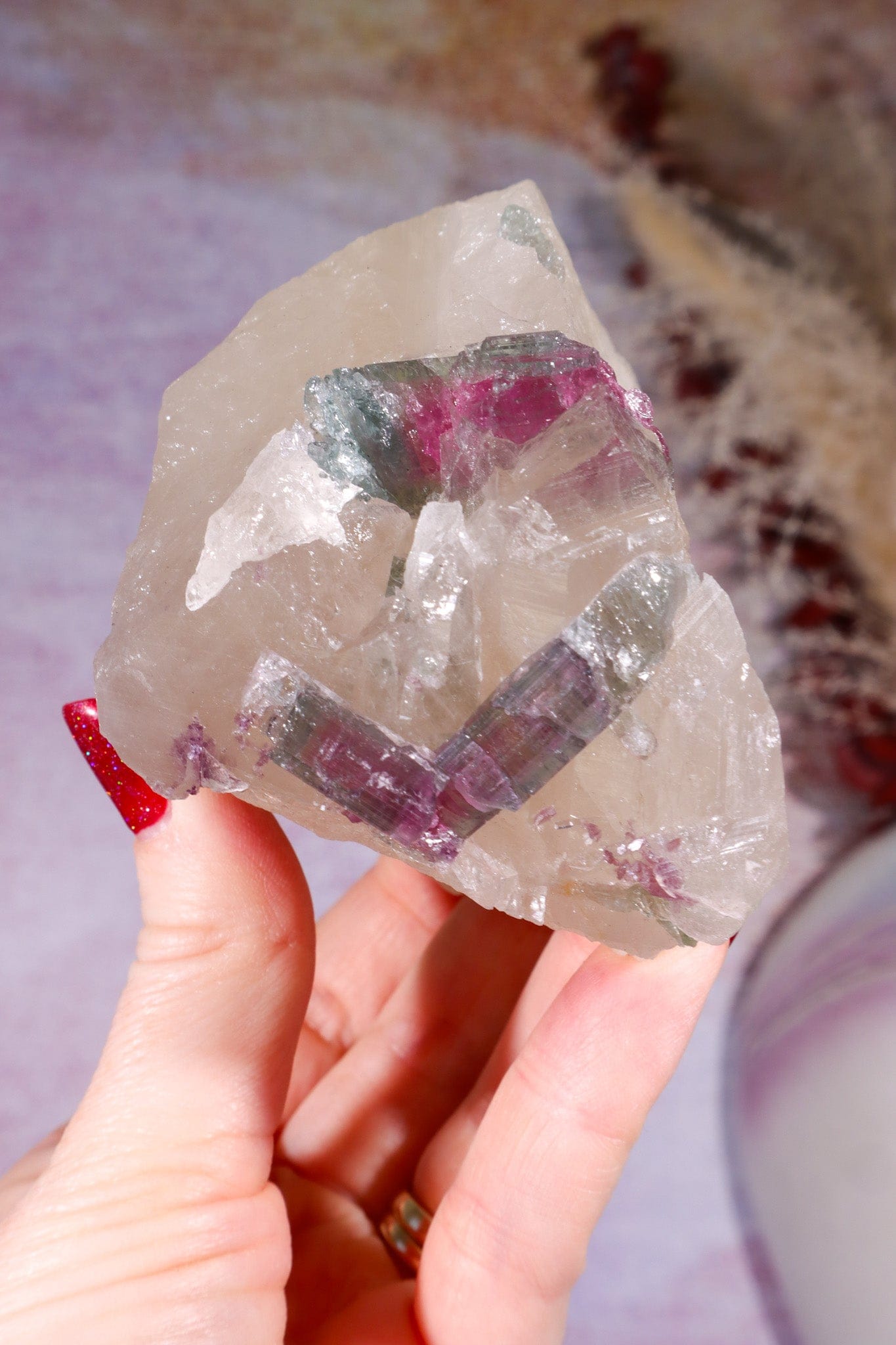 Watermelon Tourmaline in Smokey Quartz Specimen on Stand 15.5cm, Brazil Specimen Tali & Loz Crystals