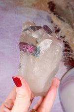 Watermelon Tourmaline in Smokey Quartz Specimen on Stand 15.5cm, Brazil Specimen Tali & Loz Crystals